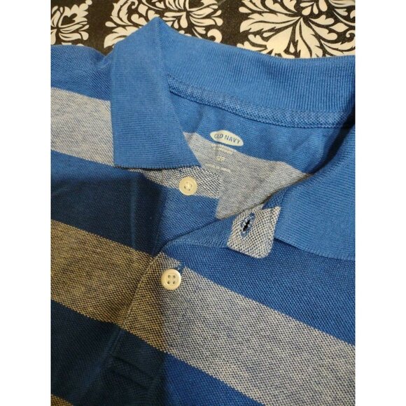 Boys Young Adult Old Navy Striped Blue Gray Collared Short Sleeve Polo Shirt S - Picture 2 of 5